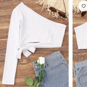 Tied One Shoulder, One Sleeve Crop Top - White S